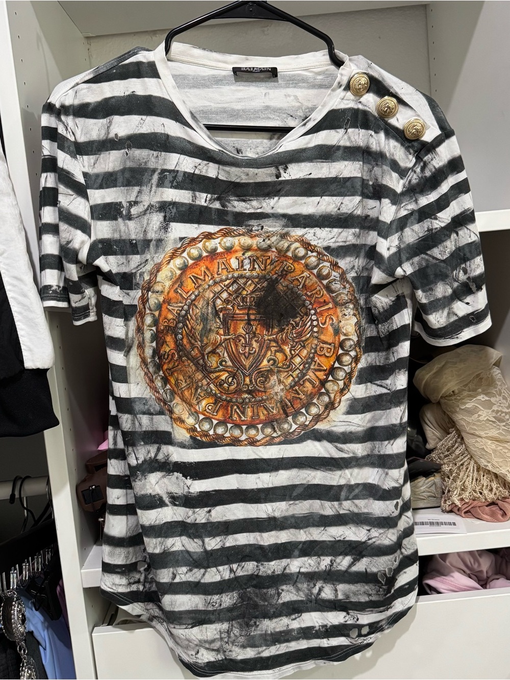 Balmain Striped Badge Graphic Tee - Black & White